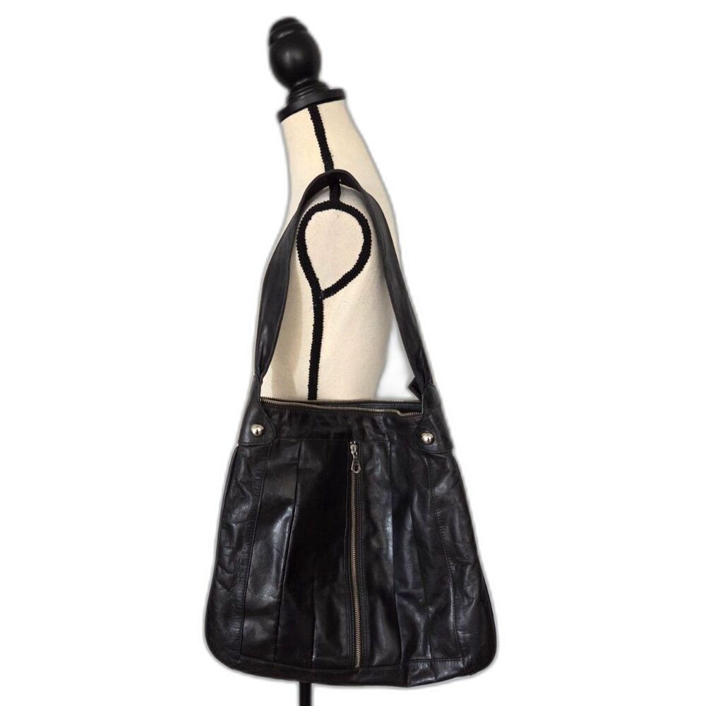 Christopher Kon Leather Shoulder Bag Pleated Vertical Zip Black Large Minimalist